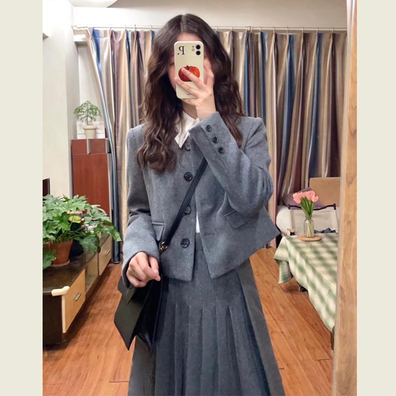 学院风灰色毛呢套装裙女秋冬季高级感显瘦短外套高腰半身裙两件套,淘宝优惠券,粉丝福利购,淘宝优惠卷