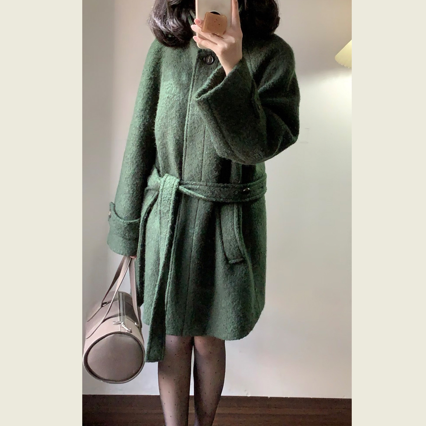 韩系复古绿色立领毛呢外套女秋冬季小个子中长款收腰系带呢子大衣,淘宝优惠券,粉丝福利购,淘宝优惠卷