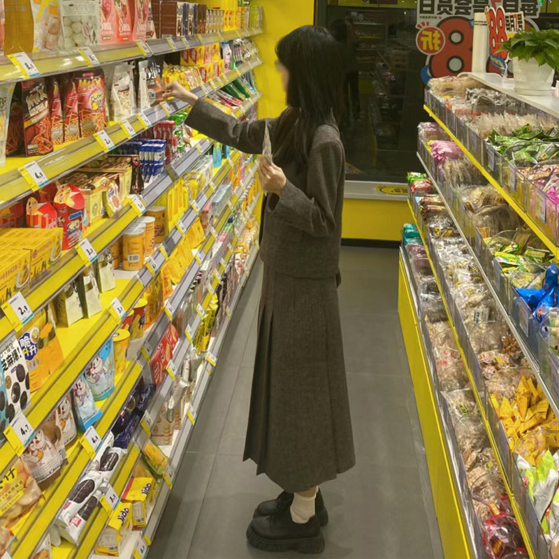 英伦学院风毛呢套装女秋冬韩系复古呢子灰棕色短外套半身裙两件套,淘宝优惠券,粉丝福利购,淘宝优惠卷