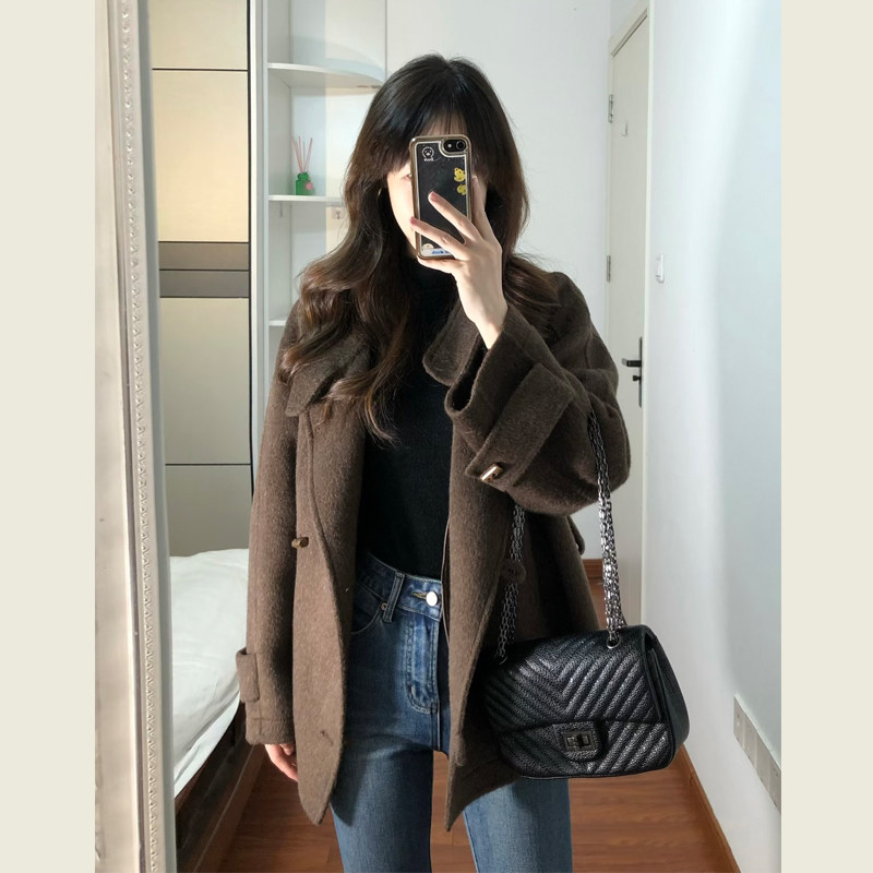 韩系复古咖色立领呢子大衣女秋冬季小个子牛角扣腰带短款毛呢外套,淘宝优惠券,粉丝福利购,淘宝优惠卷