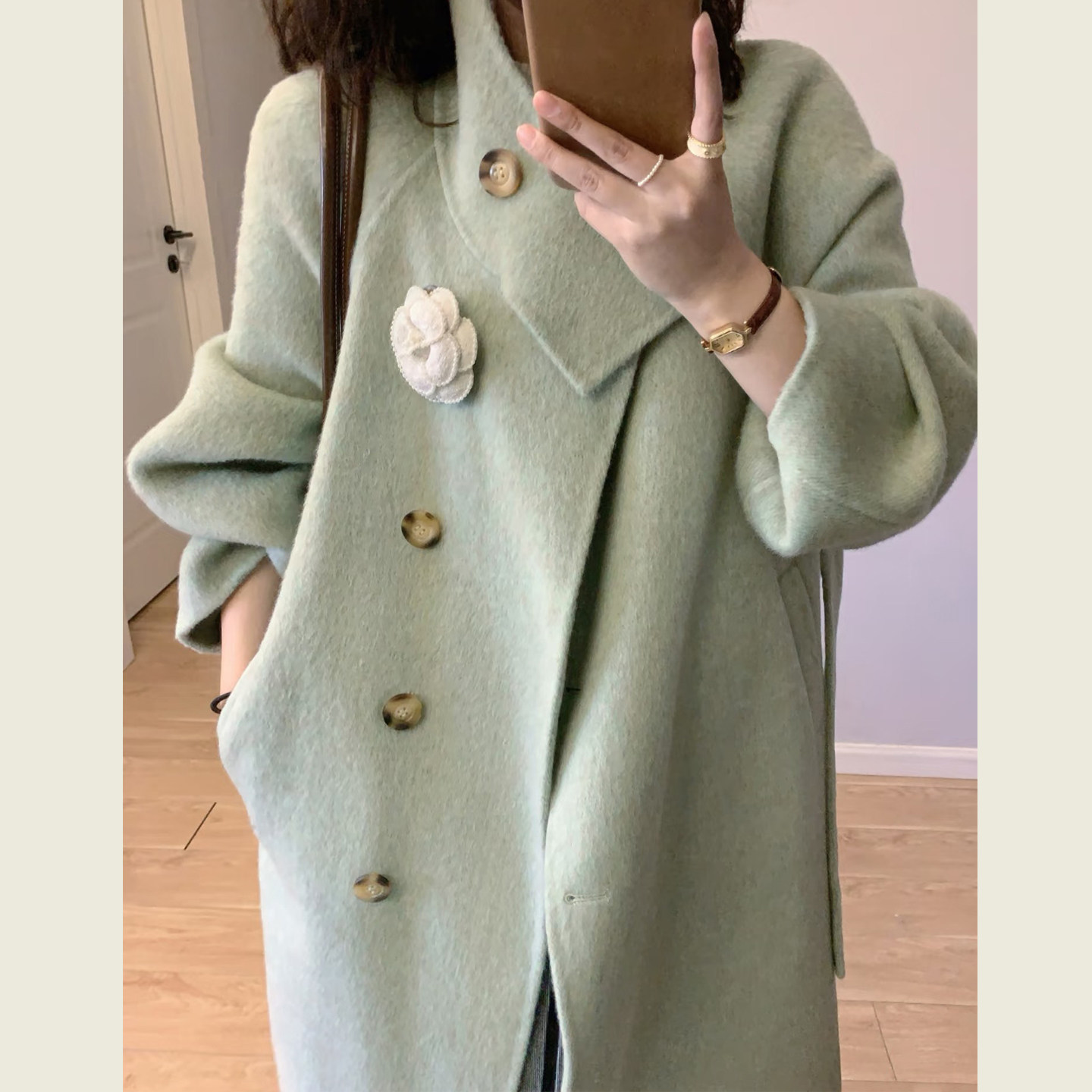 森系复古绿色立领呢子大衣女秋冬季韩版宽松阔显瘦中长款毛呢外套,淘宝优惠券,粉丝福利购,淘宝优惠卷
