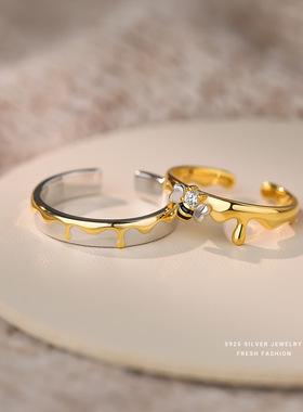 甜蜜情侣戒指s925纯银森系可爱百搭对戒小众设计感蜜蜂指环可调节