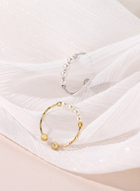 云小舒s925复古仿珍珠戒指女法饰个性轻奢小众指环纯银关节戒单戒