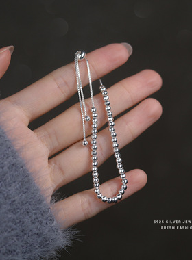 韩版极简ins抽拉式圆珠手链女s925纯银百搭轻奢高级感手饰可调节