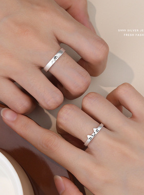 s999纯银猫狗日记情侣戒指个性风可爱叠加对戒开口可调节足银手饰