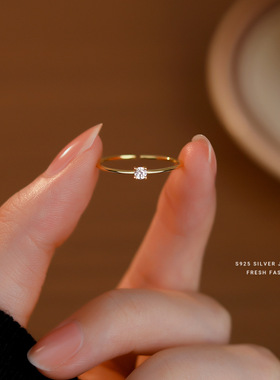 s925纯银金色白锆戒指女简约时尚设计小清新款指环个性开口戒足银