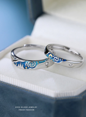 梵高星空情侣戒指s925纯银闪粉滴胶漫浪对戒创意百搭指环送女友