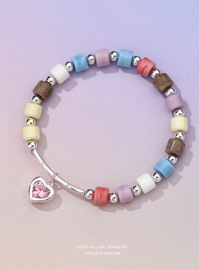 s925纯银七彩石头爱心手链甜酷彩虹小清新可爱甜美设计感圆珠串珠