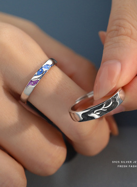 鲸鹿情侣戒指s925纯银国风闪粉滴胶珐琅对接时尚百搭可调节指环