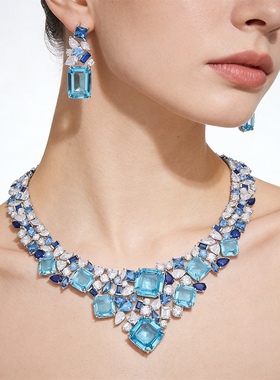 法式奢华海蓝宝蓝色新娘锁骨链女