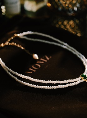 魔猫昭昭法式优雅双层项链复古高级感贝壳圆珠链条祖母绿颈链