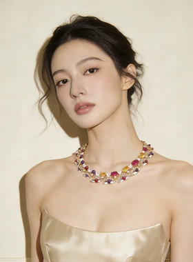 法式高级感多巴胺糖果色晚宴礼服婚礼走秀项链彩色人工宝石锁骨链