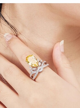 法式高级感轻奢S925纯银皇冠梨形戒指5克拉粉黄色求婚仿钻戒道具