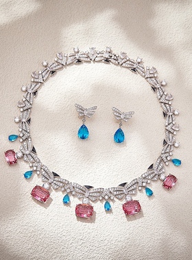 小众轻奢彩色粉钻人工宝石晚宴礼服舞会晚装项链新娘结婚锁骨链女