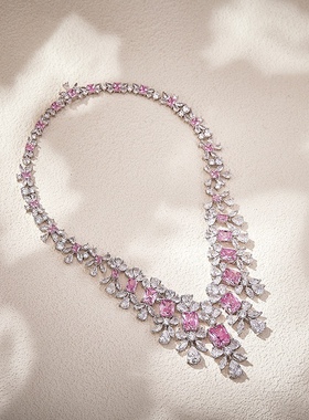 法式奢华重工粉钻新娘晚宴礼服项链耳环套装高级感舞会晚装锁骨链