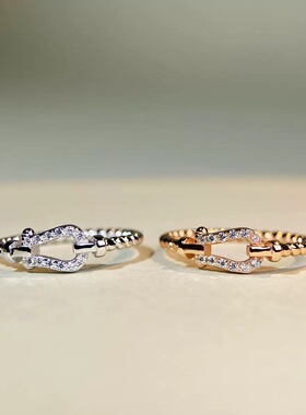 魔猫昭昭S925纯银金色马蹄扣戒指中古重工vintage精致爆闪食指戒