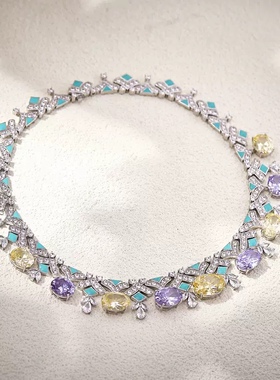 法式复古多巴胺彩色黄钻紫色晚宴礼服新娘项链奢华小众设计高级感