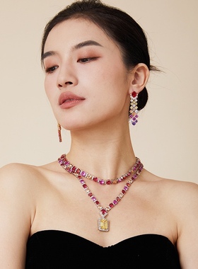 高级感双层彩色宝石粉钻方糖项链