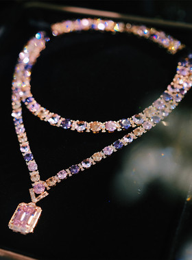 高级感双层彩色宝石粉钻方糖项链