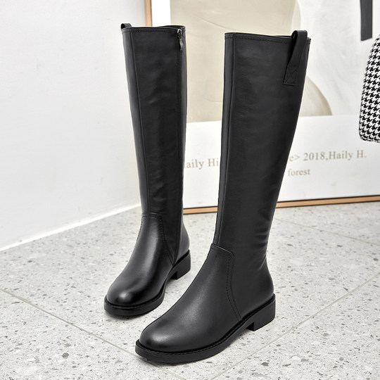 New velvet warm mid-heeled black cowhide boots