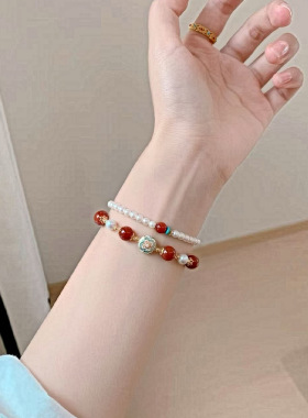 南红珍珠叠戴手链女新中式文玩
