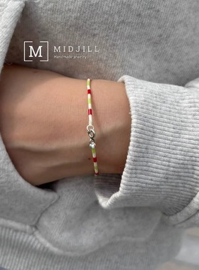 日系杂志风小众设计 质感磨砂白拼活力红绿色彩极细925银扣手链