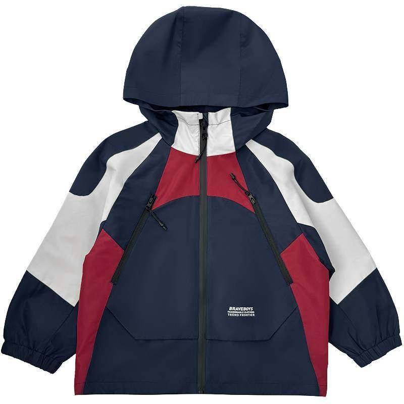 海妈家童装2025春秋新款男童户外连帽冲锋衣外套秋装工装衣服拼色,淘宝优惠券,粉丝福利购,淘宝优惠卷