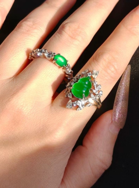 S925纯银镶嵌天然翡翠色葫芦帝王绿玉髓蛋面戒指戒环