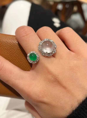 S925纯银天然高冰双石水沫玉清冷感戒指绿玉髓指环可调节