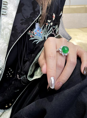 S925纯银镶嵌天然冰种满阳绿玉髓蛋面戒指女新中式手饰媲美翡翠