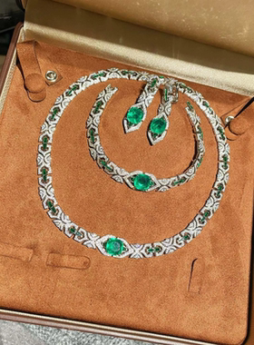 祖母绿方形满钻项链925银镀18K金项链套装