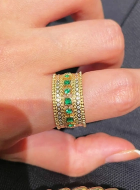 925银镀金工厂 培育祖母绿 K黄 意大利布契拉缇 宽版情侣戒指