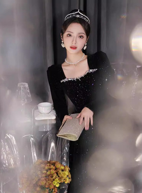 黑色长袖晚礼服女2025新款丝绒名媛宫廷风风范感年会艺考晚礼服
