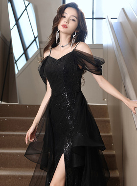 黑色晚礼服女2025新款夏感轻奢速卖通生日宴会主持成人连衣裙