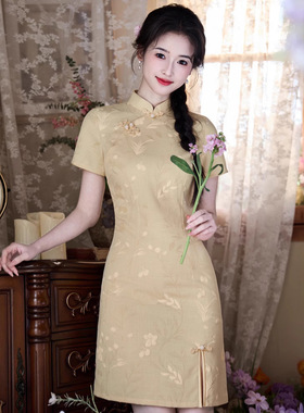 竹节麻印花前开叉短款旗袍连衣裙日常年轻改良女气质中国风