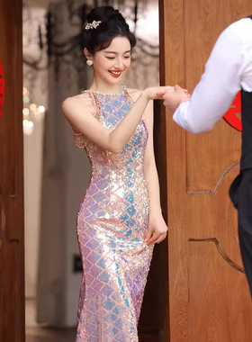 轻奢小众风范订婚晚礼服女跨境感鱼尾敬酒服新娘连衣裙亮片法式