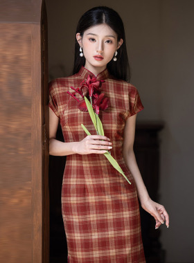 红色格子民国风新中式长款旗袍改良年轻款2025新款女复古修身