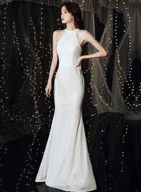 白色亮片晚礼服裙女2025新款气质长款肩流苏鱼尾主持人宴会