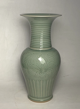 龙泉青瓷凤尾尊手工刻画缠枝牡丹花弦纹颈瓶中式家居客厅摆件花瓶