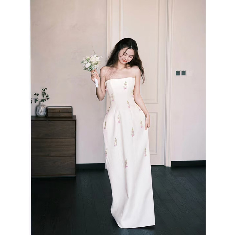 森系绝美白色礼服裙抹胸缎面新娘订婚结婚领证敬酒服年会生日晨袍,淘宝优惠券,粉丝福利购,淘宝优惠卷