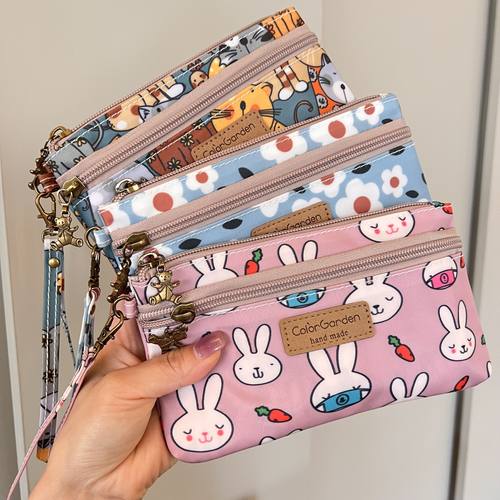 韩国可爱卡通防水牛津布零钱包手拿包钱包 双层拉链手机包 手挽包 - 图0