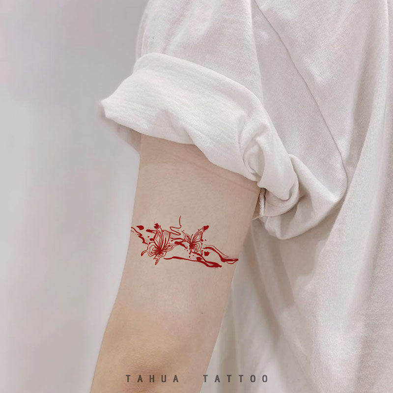 她画蝴蝶手环臂环彩色纹身贴防水持久女腿环脚环贴纸红色图案-图0