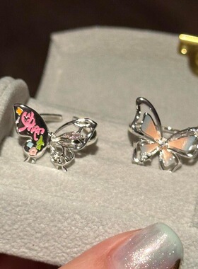 多巴胺彩色镂空双层立体蝴蝶戒指甜酷个性小众食指戒甜美指环