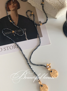 复古莱茵石手工金币长项链 ins风天然手工串珠多用项链吊坠锁骨链