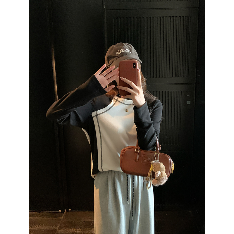 NAZ那子大码秋冬新款圆领撞色设计感拼接复古胖mm宽松休闲长袖T恤 - 图0