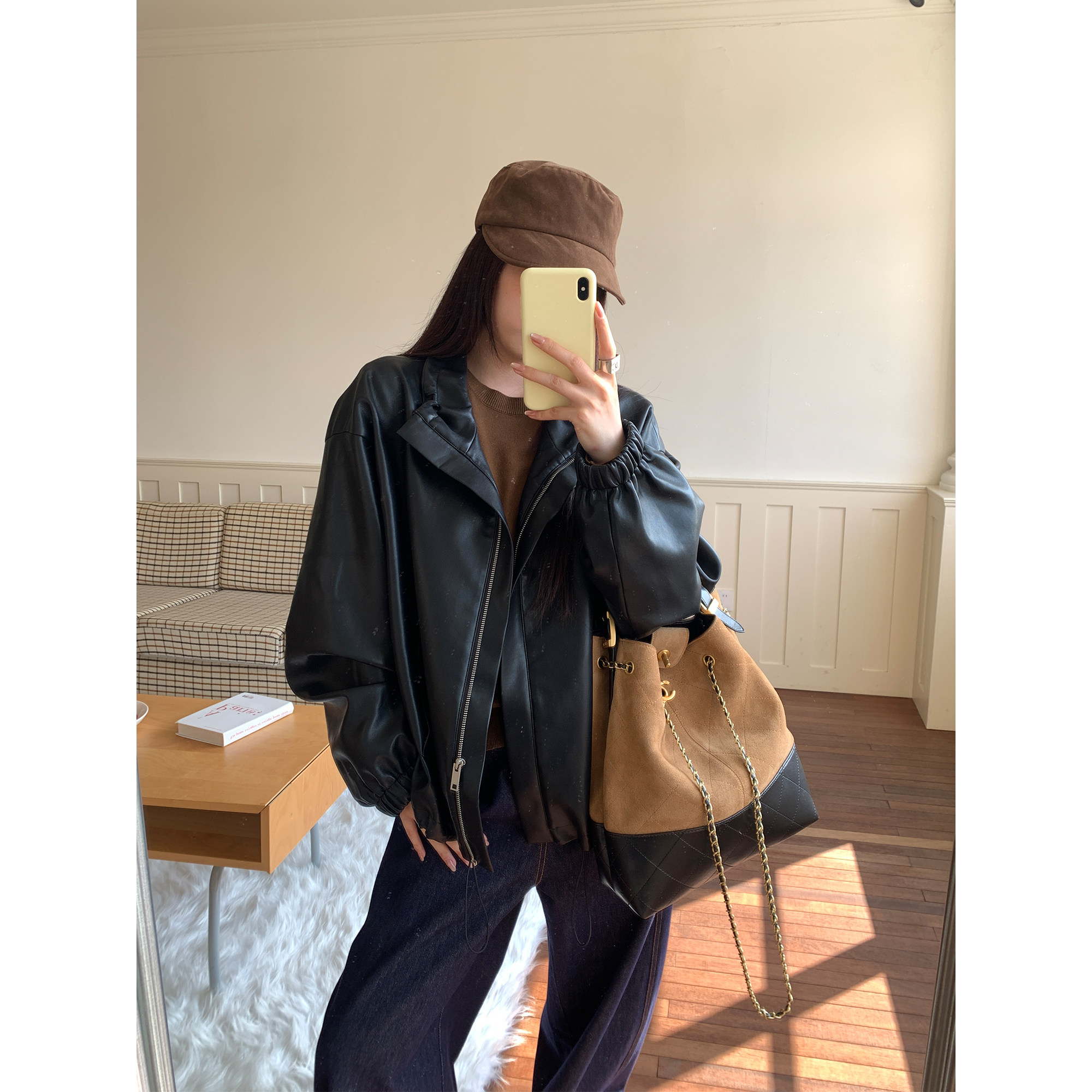 NAZ那子大码秋冬百搭时尚抽皱短款PU皮夹克胖mm高级感气质外套女,淘宝优惠券,粉丝福利购,淘宝优惠卷