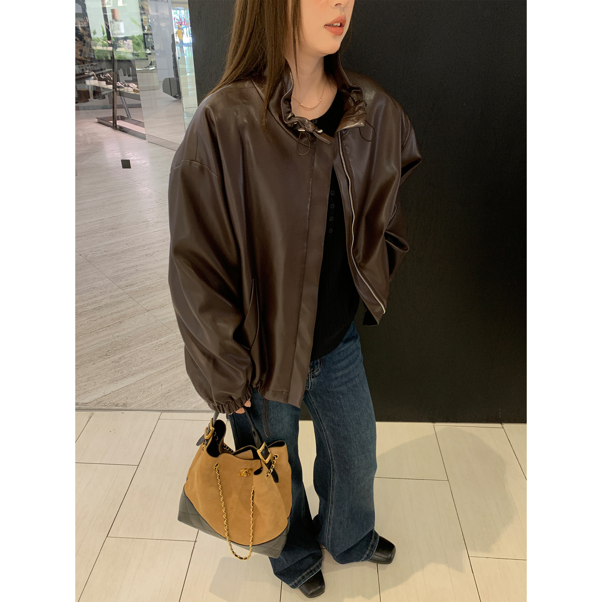 NAZ那子大码秋冬百搭时尚抽皱短款PU皮夹克胖mm高级感气质外套女,淘宝优惠券,粉丝福利购,淘宝优惠卷