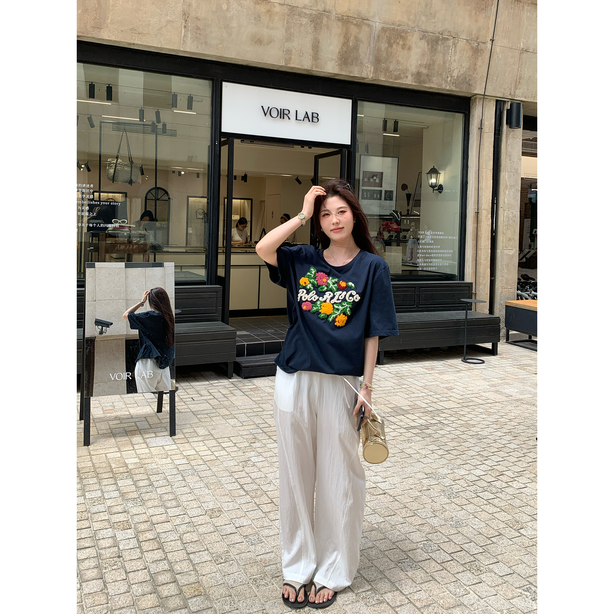 NAZ那子大码夏季全棉重工立体绣花设计感T恤胖mm时尚圆领宽松上衣 - 图3