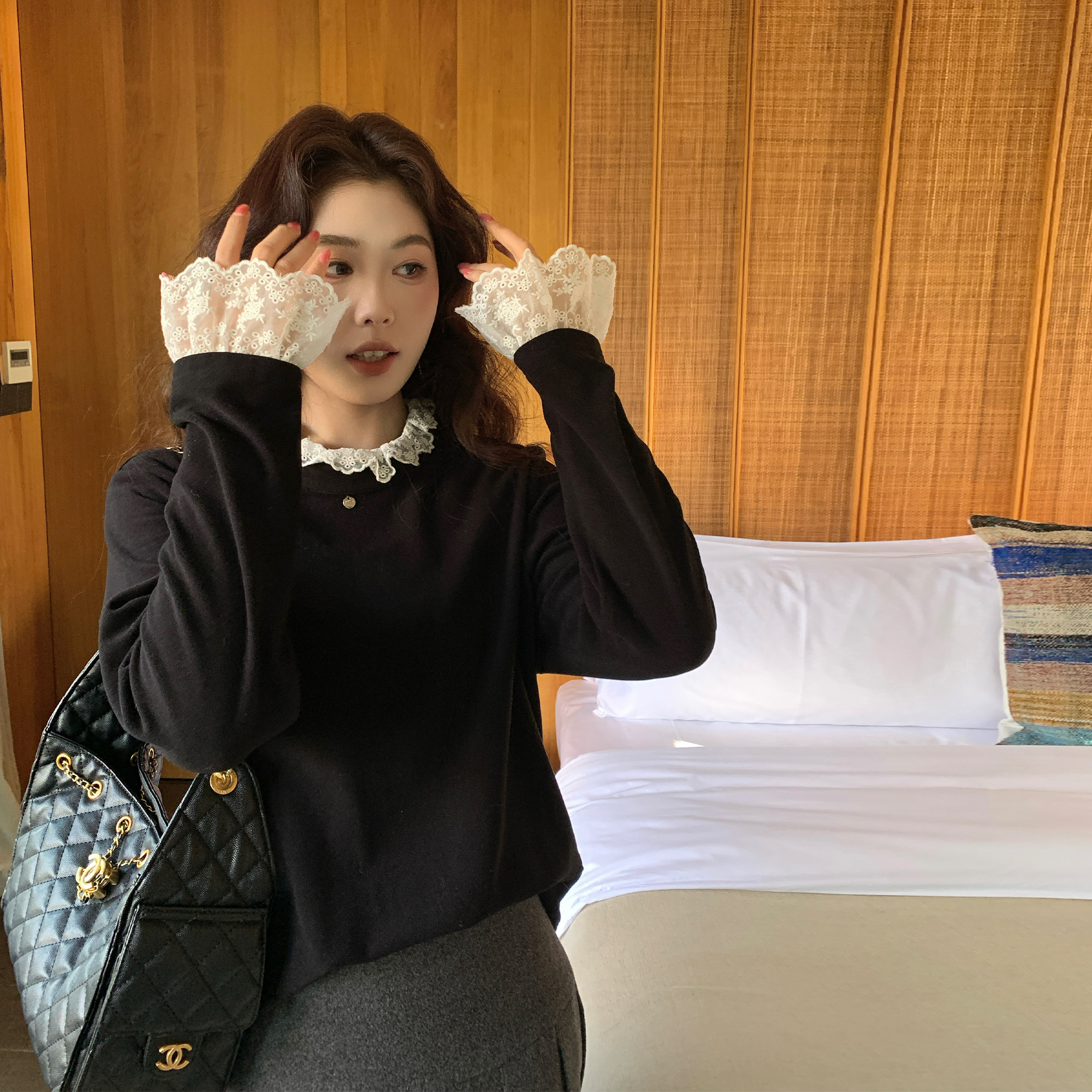 NAZ那子大码冬装灯芯绒双面保暖蕾丝拼接法式打底衫胖mm洋气上衣,淘宝优惠券,粉丝福利购,淘宝优惠卷