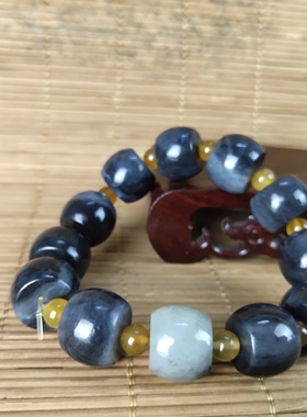 新疆和田玉手链青花玉籽料路路通王串墨玉青白玉手链真籽支持复检